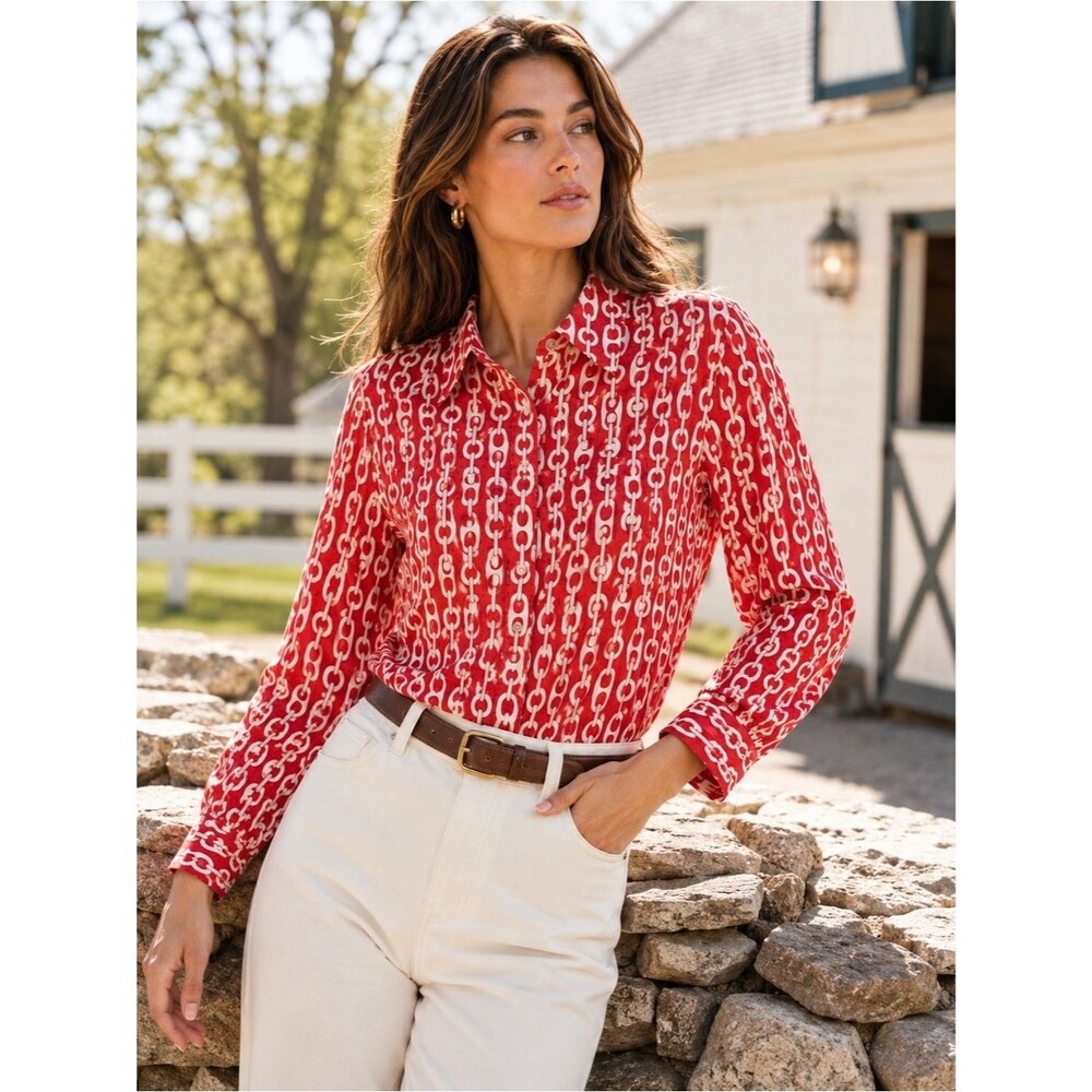 Jones New York Vintage 90s Chain Print Button Down Shirt XL Fits L Red White 100